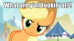 Size: 1280x717 | Tagged: safe, screencap, character:applejack, episode:leap of faith, g4, my little pony: friendship is magic, caption, fourth wall, hub logo, looking at you, solo
