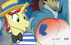 Size: 1633x1029 | Tagged: safe, screencap, character:dizzy twister, character:flim, character:orange swirl, species:pony, species:unicorn, episode:leap of faith, g4, my little pony: friendship is magic, all new, boot, bow tie, caligula (character), clothing, eyes on the prize, flank, hat, impossibly large butt, little boot, male, out of context, plot, stallion, straw hat, the ass was fat, wat