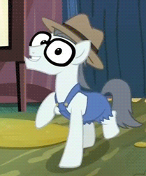 Size: 209x252 | Tagged: safe, screencap, character:silver shill, episode:leap of faith, g4, my little pony: friendship is magic, animated, clothing, glasses, hat, overalls, solo, walk cycle