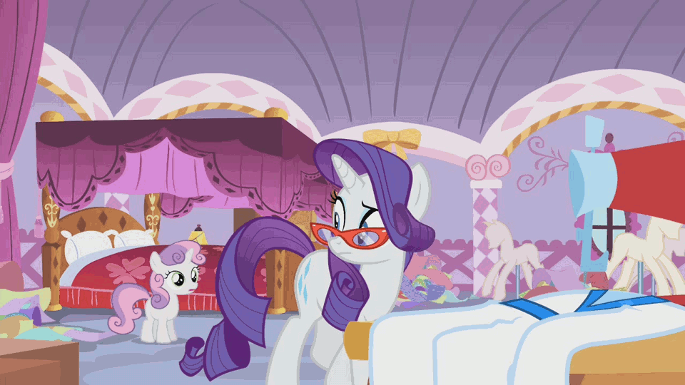 Size: 960x540 | Tagged: safe, screencap, character:rarity, character:sweetie belle, episode:for whom the sweetie belle toils, animated, bed, carousel boutique, clothing, dress, fabric, glasses, magic, mannequin, scissors, self-confidence, sewing machine, telekinesis