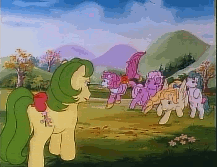 Size: 702x540 | Tagged: safe, screencap, character:cupcake (g1), character:lickety split, character:lofty, character:magic star, character:truly, episode:pony puppy, g1, my little pony 'n friends, animated, dream valley, frolic, hill, leadership, meadow, tracksuit