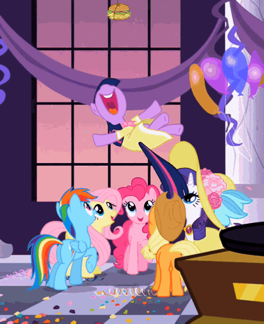 Size: 540x661 | Tagged: safe, screencap, character:applejack, character:fluttershy, character:pinkie pie, character:rainbow dash, character:rarity, character:twilight sparkle, episode:sweet and elite, g4, my little pony: friendship is magic, animated, birthday dress, canterlot, clothing, dress, hay burger, that pony sure does love burgers, twilight burgkle