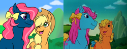 Size: 1000x383 | Tagged: safe, artist:calicopikachu, screencap, character:applejack, character:applejack (g1), character:bowtie (g1), species:earth pony, species:pony, episode:rescue at midnight castle, g1, bow, clothing, comparison, cowboy hat, duo, female, freckles, g1 to g4, generation leap, hair bow, hat, mare, stetson
