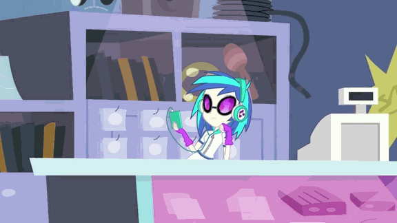 Size: 576x324 | Tagged: safe, screencap, character:dj pon-3, character:vinyl scratch, episode:guitar centered, equestria girls:rainbow rocks, g4, my little pony:equestria girls, animated, cash register, headphones, loop, solo