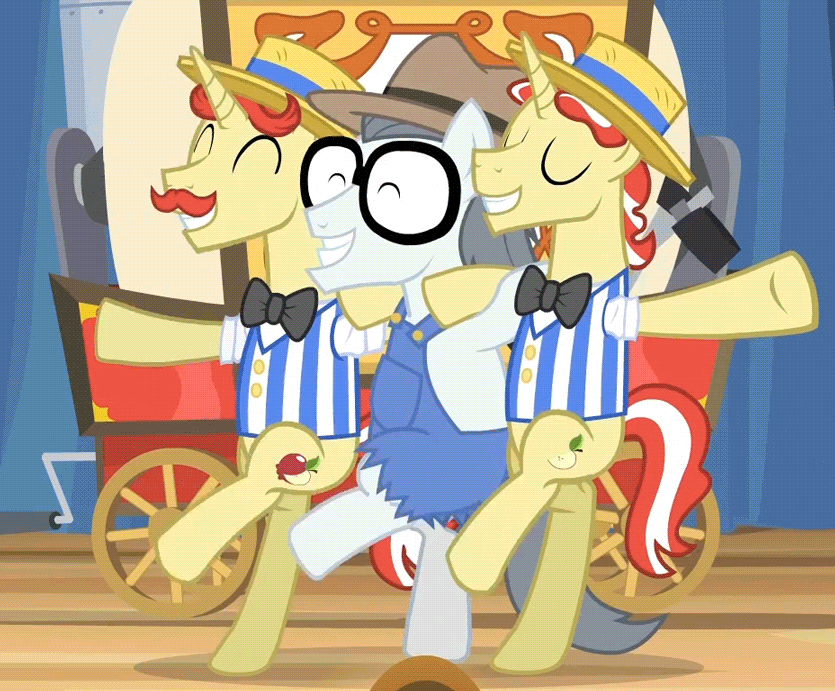 Size: 835x691 | Tagged: safe, screencap, character:flam, character:flim, character:silver shill, species:pony, episode:leap of faith, g4, my little pony: friendship is magic, animated, bipedal, dancing, flim flam brothers