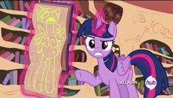 Size: 1920x1080 | Tagged: safe, screencap, character:twilight sparkle, character:twilight sparkle (alicorn), species:alicorn, species:pony, episode:testing testing 1-2-3, g4, my little pony: friendship is magic, all new, book, centerfold, d:, drawing, frown, glare, gritted teeth, hub logo, hubble, i am not that tall, looking at you, magic, pointing, rainbow dash's centerfold, raised eyebrow, solo, telekinesis, text, the hub