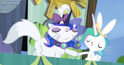 Size: 1010x530 | Tagged: safe, screencap, character:angel bunny, character:opalescence, species:rabbit, episode:testing testing 1-2-3, g4, my little pony: friendship is magic, angelestia, cat, celestia's crown, costume, duo, eyes closed, fake horn, female, handshake, male, opaluna