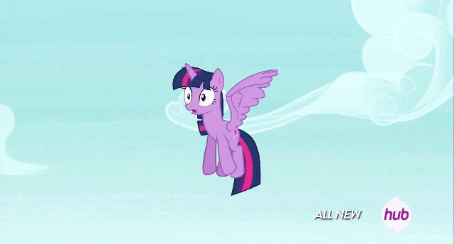 Size: 640x344 | Tagged: safe, screencap, character:cherry berry, character:twilight sparkle, character:twilight sparkle (alicorn), species:alicorn, species:earth pony, species:pony, episode:testing testing 1-2-3, g4, my little pony: friendship is magic, all new, animated, aviator hat, clothing, female, flying, hat, helicopter, hub logo, mare, pedalcopter, product placement, surprised, text, wide eyes