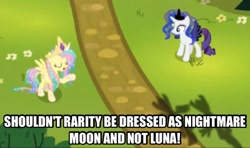 Size: 1494x884 | Tagged: safe, screencap, character:fluttershy, character:rarity, species:pegasus, species:pony, species:unicorn, episode:testing testing 1-2-3, g4, my little pony: friendship is magic, caption, celestia costume, celestia's crown, clothing, crown, duo, fake horn, fake wings, female, jewelry, lowres, lunarity, mare, peytral, regalia, shylestia