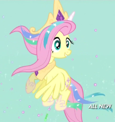 Size: 362x383 | Tagged: safe, screencap, character:fluttershy, species:pegasus, species:pony, episode:testing testing 1-2-3, g4, my little pony: friendship is magic, celestia costume, celestia's crown, clothing, costume, cropped, crown, fake horn, female, flying, grin, jewelry, mare, peytral, regalia, shylestia, smiling, solo