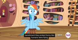 Size: 1600x830 | Tagged: safe, screencap, character:rainbow dash, episode:testing testing 1-2-3, g4, my little pony: friendship is magic, looking at you, meme, stool, youtube caption