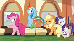 Size: 1920x1080 | Tagged: safe, screencap, character:applejack, character:pinkie pie, character:rainbow dash, character:rarity, species:pony, episode:a canterlot wedding, g4, my little pony: friendship is magic, against wall, faec, female, invisible stallion, mare, out of context, plot, train