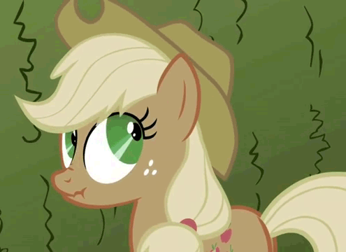 Size: 495x360 | Tagged: safe, screencap, character:applejack, species:earth pony, species:pony, episode:the return of harmony, g4, my little pony: friendship is magic, animated, canterlot hedge maze, eyes, female, liar face, liarjack, looking away, mare, nose wrinkle, scrunchy face, shifty eyes, solo, wide eyes