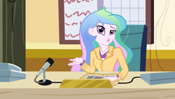 Size: 1366x768 | Tagged: safe, screencap, character:princess celestia, character:principal celestia, my little pony:equestria girls, celestia's office, chair, cutie mark accessory, cutie mark on clothes, desk, face, faec, frown, looking at you, microphone, raised eyebrow, shrug, sitting, solo