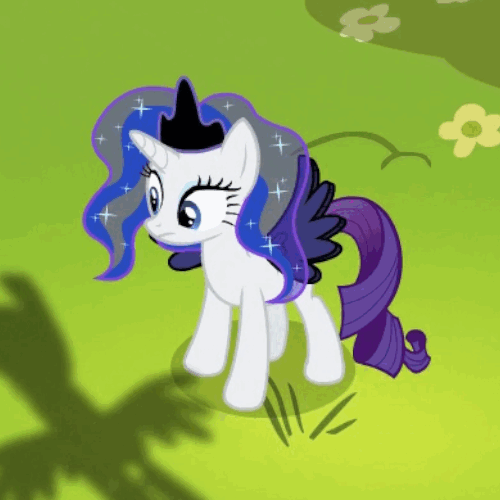 Size: 500x500 | Tagged: safe, screencap, character:princess luna, character:rarity, episode:testing testing 1-2-3, g4, my little pony: friendship is magic, animated, big no, clothing, costume, fake wings, lunarity, no, solo