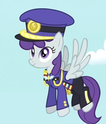 Size: 576x672 | Tagged: safe, screencap, species:pegasus, species:pony, episode:testing testing 1-2-3, g4, my little pony: friendship is magic, ancient wonderbolts uniform, background pony, clothing, colonel purple dart, cropped, downdraft, female, flying, hat, mare, solo, uniform