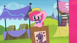 Size: 1192x666 | Tagged: safe, official, screencap, character:pinkie pie, character:twilight sparkle, character:twilight sparkle (alicorn), species:alicorn, species:pony, episode:trade ya, g4, my little pony: friendship is magic, boater, boater hat, bow tie, clothing, fair, fake moustache, female, hat, hub logo, mare, promo, solo, the hub