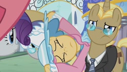 Size: 1280x720 | Tagged: safe, screencap, character:golden gavel, character:rarity, character:silver frames, character:swan song, episode:sweet and elite, g4, my little pony: friendship is magic, anxiety, bonnet, canterlot, clothing, drama queen, dress, eyes closed, frown, glasses, hat, pose, suit, swan dive, wat