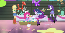 Size: 1365x701 | Tagged: safe, screencap, character:applejack, character:pinkie pie, character:rarity, character:twilight sparkle, species:chicken, species:goat, species:sheep, equestria girls:rainbow rocks, g4, my little pony:equestria girls, balloon, balloon animal, boots, clothing, cowboy boots, cowboy hat, hammer, hat, high heel boots, mouse, pinkie being pinkie, skirt
