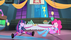 Size: 1440x810 | Tagged: safe, screencap, character:pinkie pie, character:twilight sparkle, equestria girls:rainbow rocks, g4, my little pony:equestria girls, balloon, basketball, boots, bracelet, clothing, cup, flower, high heel boots, jewelry, punch (drink), punch bowl, skirt, table