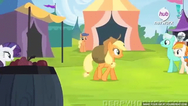 Size: 640x360 | Tagged: safe, screencap, character:applejack, character:pokey pierce, character:rarity, species:earth pony, species:pony, species:unicorn, episode:trade ya, g4, my little pony: friendship is magic, animated, covalent bond, crafty crate, female, hub logo, hubble, ice breaker, lilac notes, male, manely gold, mare, posey petals, stallion, the hub