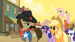 Size: 1365x768 | Tagged: safe, screencap, character:applejack, character:fluttershy, character:rarity, character:sheriff silverstar, character:twilight sparkle, episode:over a barrel, g4, my little pony: friendship is magic