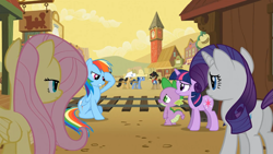 Size: 1365x768 | Tagged: safe, screencap, character:blues, character:fluttershy, character:noteworthy, character:rainbow dash, character:rarity, character:sheriff silverstar, character:spike, character:twilight sparkle, episode:over a barrel, g4, my little pony: friendship is magic, butt, plot