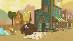 Size: 1365x768 | Tagged: safe, screencap, character:carrot top, character:coco crusoe, character:golden harvest, character:lyra heartstrings, species:buffalo, species:pony, episode:over a barrel, g4, my little pony: friendship is magic, clothing, hat