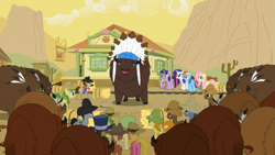 Size: 1365x768 | Tagged: safe, screencap, character:apple fritter, character:applejack, character:blues, character:carrot top, character:cherry berry, character:chief thunderhooves, character:coco crusoe, character:doctor whooves, character:fluttershy, character:golden harvest, character:lucky clover, character:meadow song, character:noteworthy, character:pinkie pie, character:rainbow dash, character:rarity, character:sheriff silverstar, character:spike, character:time turner, character:twilight sparkle, species:buffalo, species:pony, episode:over a barrel, g4, my little pony: friendship is magic, apple family member, mane six