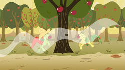 Size: 1365x768 | Tagged: safe, screencap, character:apple fritter, character:peachy sweet, species:earth pony, species:pony, episode:over a barrel, g4, my little pony: friendship is magic, apple, apple family member, apple orchard, apple tree, background pony, bow, clothing, cowboy hat, duo, eyes closed, female, hair bow, happy, hat, jumping, mare, mouth hold, tail bow, tree