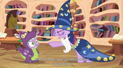 Size: 1275x710 | Tagged: safe, screencap, character:spike, character:star swirl the bearded, character:twilight sparkle, episode:luna eclipsed, g4, my little pony: friendship is magic, clothing, costume, golden oaks library, meme, ukraine, youtube caption
