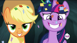 Size: 1920x1080 | Tagged: safe, screencap, character:applejack, character:twilight sparkle, character:twilight sparkle (alicorn), species:alicorn, species:pony, episode:trade ya, g4, my little pony: friendship is magic, adorkable, confetti, cute, dork, female, grin, hub logo, lidded eyes, looking at you, mare, nervous, smiling, twiabetes, wide eyes