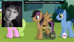 Size: 1440x812 | Tagged: safe, screencap, character:stellar eclipse, episode:trade ya, g4, my little pony: friendship is magic, disabled, guest voice, handicapped, hub logo, spinal muscle atrophy, sylvain lavasseur portelance, voice actor