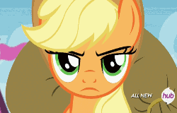 Size: 250x160 | Tagged: safe, screencap, character:applejack, character:rarity, episode:trade ya, g4, my little pony: friendship is magic, animated, brooch, hub logo, shell game, unamused
