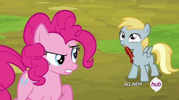 Size: 576x324 | Tagged: safe, screencap, character:chirpy hooves, character:pinkie pie, episode:trade ya, g4, my little pony: friendship is magic, animated, chirpy hooves, feather, filly, hub logo, hubble, quill, the hub