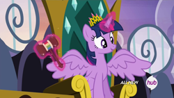 Size: 1280x720 | Tagged: safe, screencap, character:twilight sparkle, character:twilight sparkle (alicorn), species:alicorn, species:pony, episode:trade ya, g4, my little pony: friendship is magic, crown, female, gavel, hammer, hub logo, magic, mare, new crown, solo, tiara