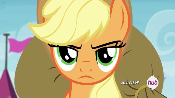 Size: 576x324 | Tagged: safe, screencap, character:applejack, episode:trade ya, g4, my little pony: friendship is magic, all new, animated, applejack is not amused, applejack judges on the outside, bag, frown, hub logo, hubble, looking at you, raised eyebrow, solo, the hub, unconvinced applejack