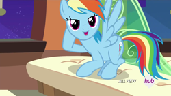Size: 1920x1080 | Tagged: safe, screencap, character:rainbow dash, species:pegasus, species:pony, episode:trade ya, g4, my little pony: friendship is magic, all new, cute, dashabetes, draw me like one of your french girls, female, hub logo, lidded eyes, looking at you, mare, open mouth, solo, spread wings, text, wings