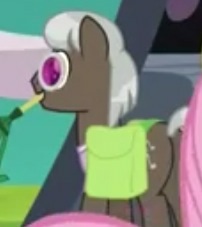 Size: 202x227 | Tagged: safe, screencap, character:colton john, character:levon song, species:earth pony, species:pony, episode:trade ya, g4, my little pony: friendship is magic, background pony, clothing, glasses, lowres, male, rake, saddle bag, shirt, solo, stallion