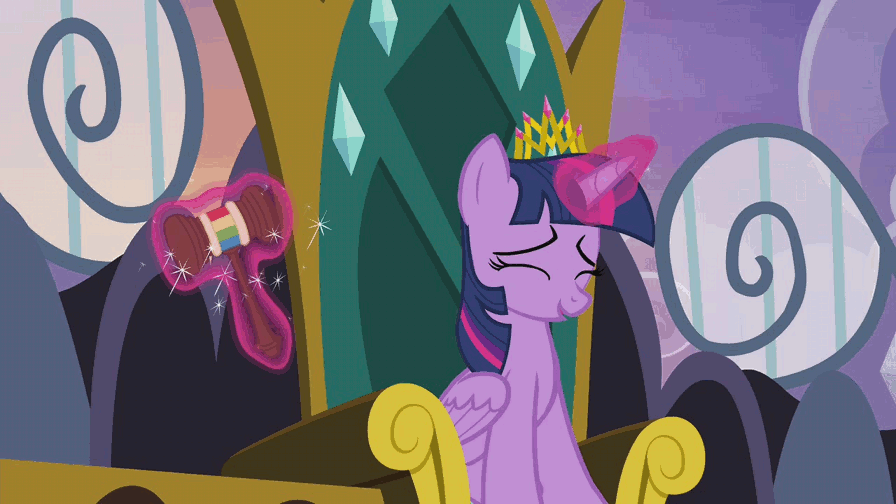Size: 896x504 | Tagged: safe, screencap, character:twilight sparkle, character:twilight sparkle (alicorn), species:alicorn, species:pony, episode:trade ya, g4, my little pony: friendship is magic, animated, crown, cute, female, gavel, hammer, judge twilight, magic, mare, raised hoof, sitting, smiling, solo, spread wings, talking, telekinesis, throne, wings