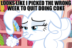 Size: 900x600 | Tagged: safe, screencap, character:pinkie pie, episode:baby cakes, g4, my little pony: friendship is magic, airplane!, caption, flour, image macro, implied, snorting, solo