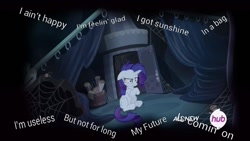 Size: 800x450 | Tagged: safe, screencap, character:rarity, episode:for whom the sweetie belle toils, bad future, breakdown, clint eastwood, dark, gorillaz, hub logo, insanity, lyrics, solo, song reference