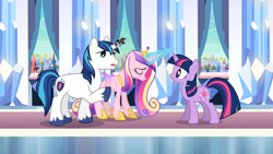 Size: 1365x768 | Tagged: safe, screencap, character:princess cadance, character:shining armor, character:twilight sparkle, episode:the crystal empire, g4, my little pony: friendship is magic, crystal empire, glowing horn, horn, horn crystals, magic, magic suppression, tired