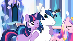 Size: 1365x768 | Tagged: safe, screencap, character:princess cadance, character:shining armor, character:twilight sparkle, episode:the crystal empire, g4, my little pony: friendship is magic, horn, horn crystals, hug, magic suppression, tired, wink