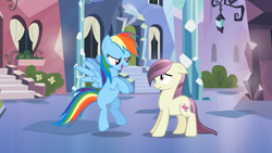 Size: 1365x768 | Tagged: safe, screencap, character:fleur de verre, character:rainbow dash, species:crystal pony, species:pony, episode:the crystal empire, g4, my little pony: friendship is magic
