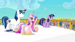 Size: 1365x768 | Tagged: safe, screencap, character:princess cadance, character:shining armor, character:twilight sparkle, character:twilight sparkle (unicorn), species:alicorn, species:pony, species:unicorn, episode:the crystal empire, g4, my little pony: friendship is magic, balcony, crystal empire, eyebrows, female, glowing horn, horn, horn crystals, magic, magic aura, magic suppression, male, mare, raised eyebrow, stallion, trio, what are you doing
