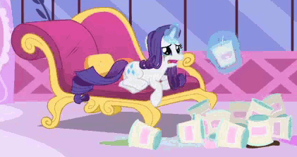 Size: 421x222 | Tagged: safe, screencap, character:rarity, species:pony, species:unicorn, episode:inspiration manifestation, g4, my little pony: friendship is magic, animated, comfort eating, crying, eating, fainting couch, female, ice cream, magic, magic aura, mare, marshmelodrama, nom, running makeup, sad, solo, telekinesis, this will end in weight gain
