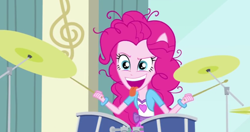 Size: 1908x1005 | Tagged: safe, screencap, character:pinkie pie, episode:pinkie on the one, equestria girls:rainbow rocks, g4, my little pony:equestria girls, drums, ponied up, solo