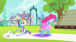 Size: 1440x810 | Tagged: safe, screencap, character:pinkie pie, character:rainbow dash, episode:pinkie on the one, equestria girls:rainbow rocks, g4, my little pony:equestria girls, banner, boots, bracelet, clothing, glitter, high heel boots, jewelry, out of context, paintbrush, skirt, soccer field