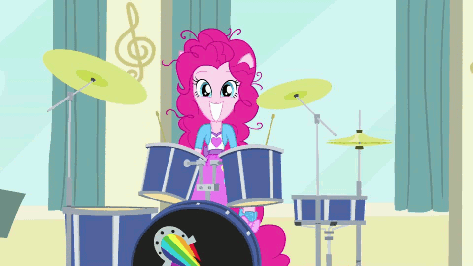 Size: 960x540 | Tagged: safe, screencap, character:pinkie pie, episode:pinkie on the one, equestria girls:rainbow rocks, g4, my little pony:equestria girls, animated, ba dum tss, cute, diapinkes, drum kit, drums, grin, looking at you, messy mane, musical instrument, open mouth, ponied up, rimshot, smiling, solo, squee